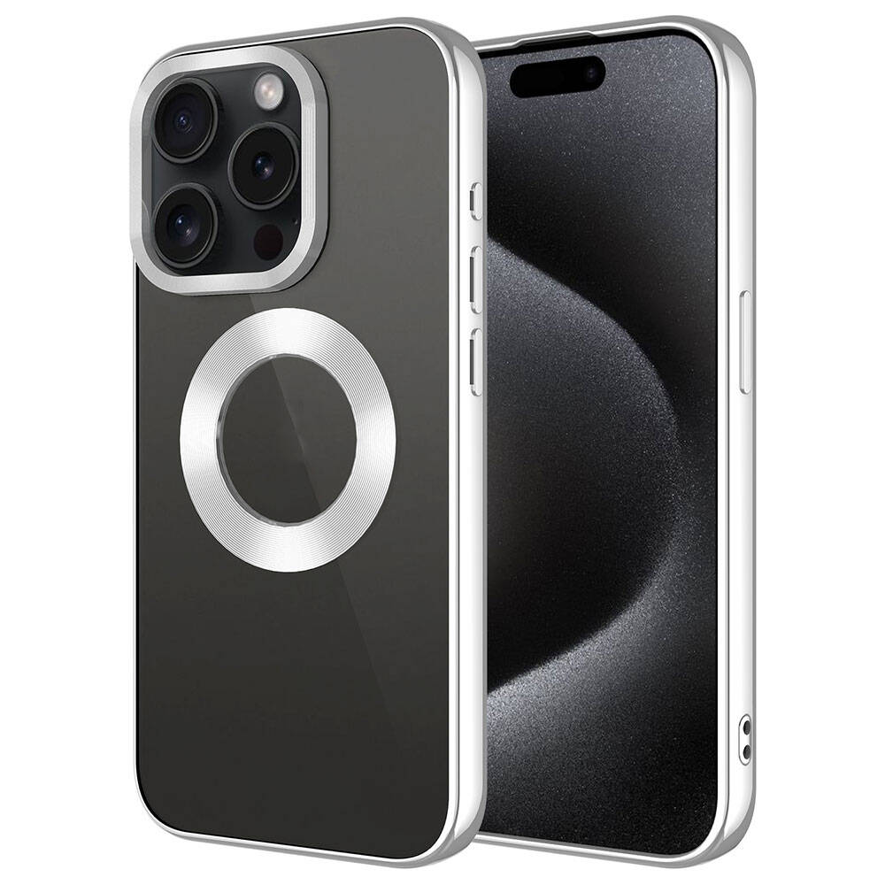Apple iPhone 15 Pro Kılıf Tek Kamera Çerçeveli Logo Gösteren NXXA Omega Kapak-Gümüş