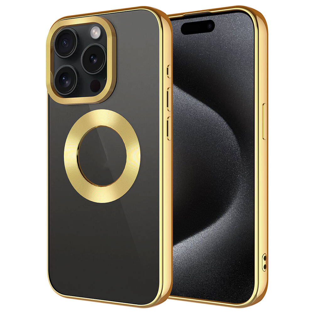 iPhone 15 Pro Uyumlu Tek Kamera Çerçeveli Logo Gösteren NXXA Omega Kapak-Gold