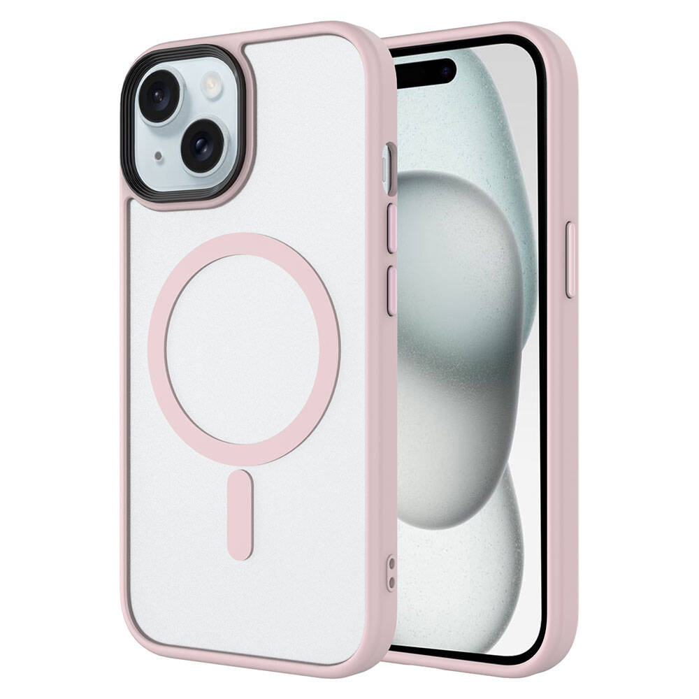 iPhone 15 Plus Uyumlu Mat Arka Yüzey Wireless Şarj Özellikli NXXA Flet Magsafe Kapak-Pembe