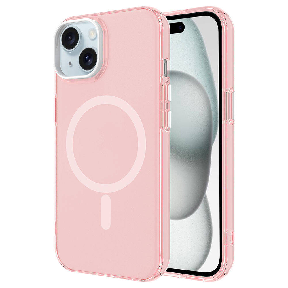 Apple iPhone 15 Plus Kılıf NXXA Magsafe Şarj Özellikli Buzlu Transparan C-Pro Sert Kapak-Pembe