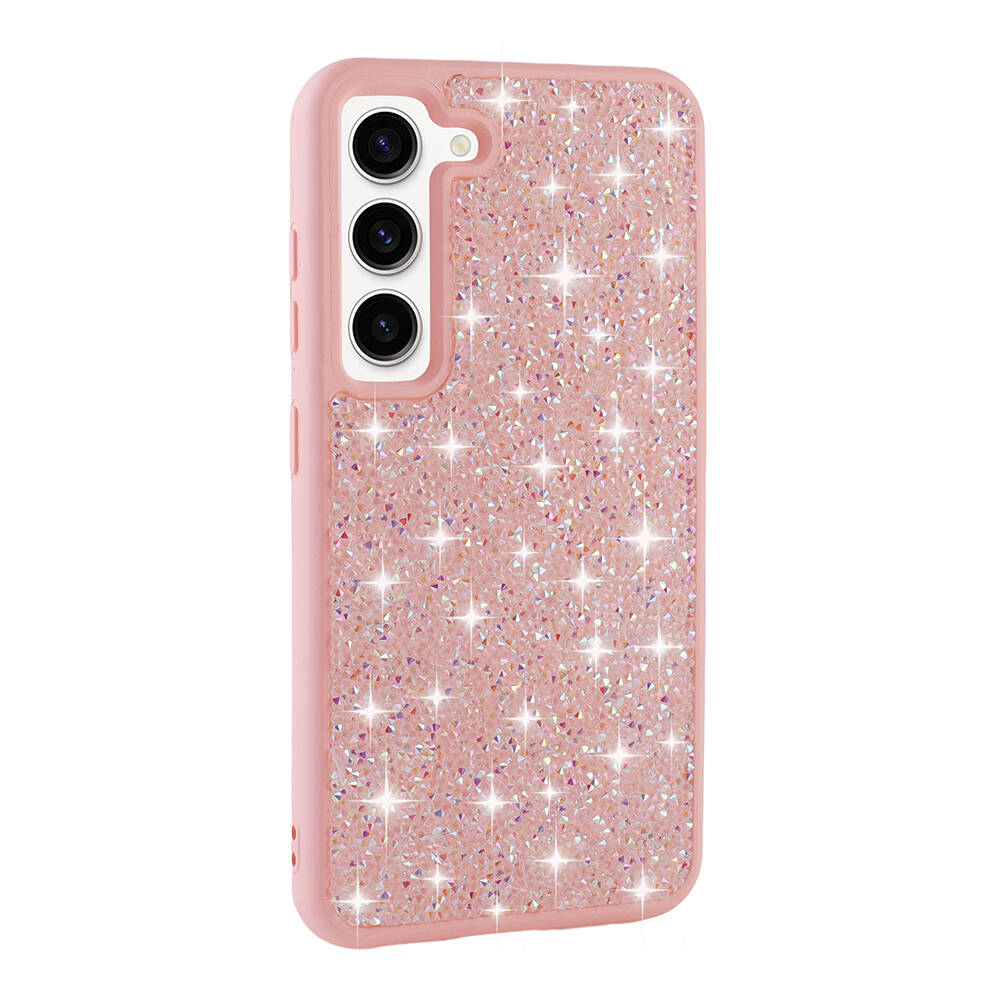Galaxy S23 Kılıf Parlak Taşlı Tasarım NXXA Pırlanta Kapak-Pembe