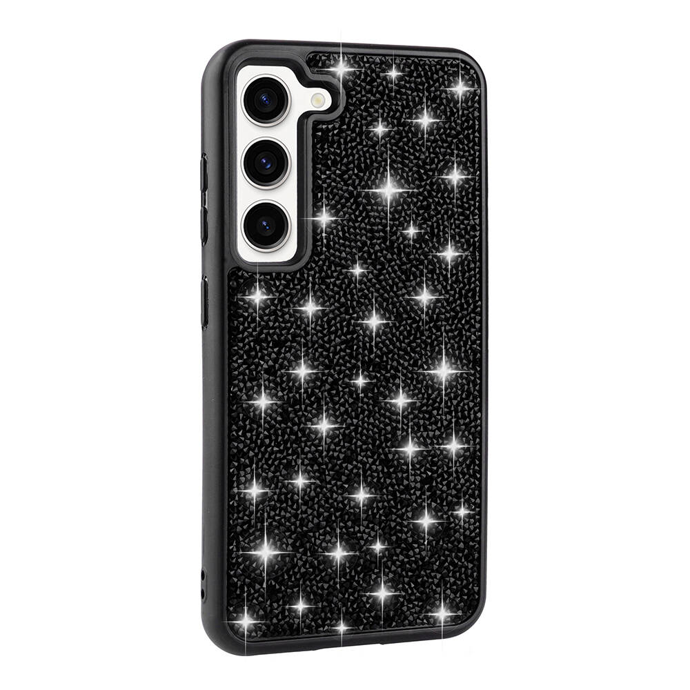 Galaxy S23 Kılıf Parlak Taşlı Tasarım NXXA Pırlanta Kapak-Siyah