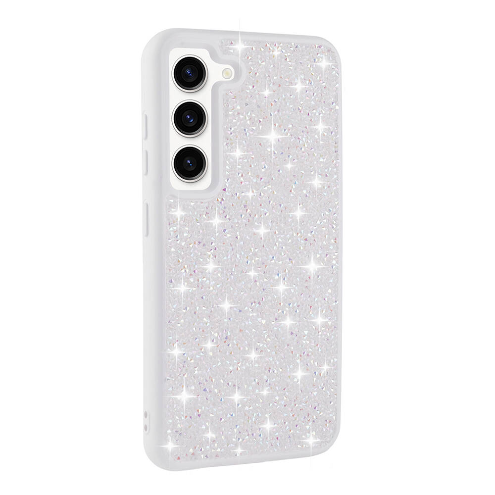 Galaxy S23 Kılıf Parlak Taşlı Tasarım NXXA Pırlanta Kapak-Beyaz