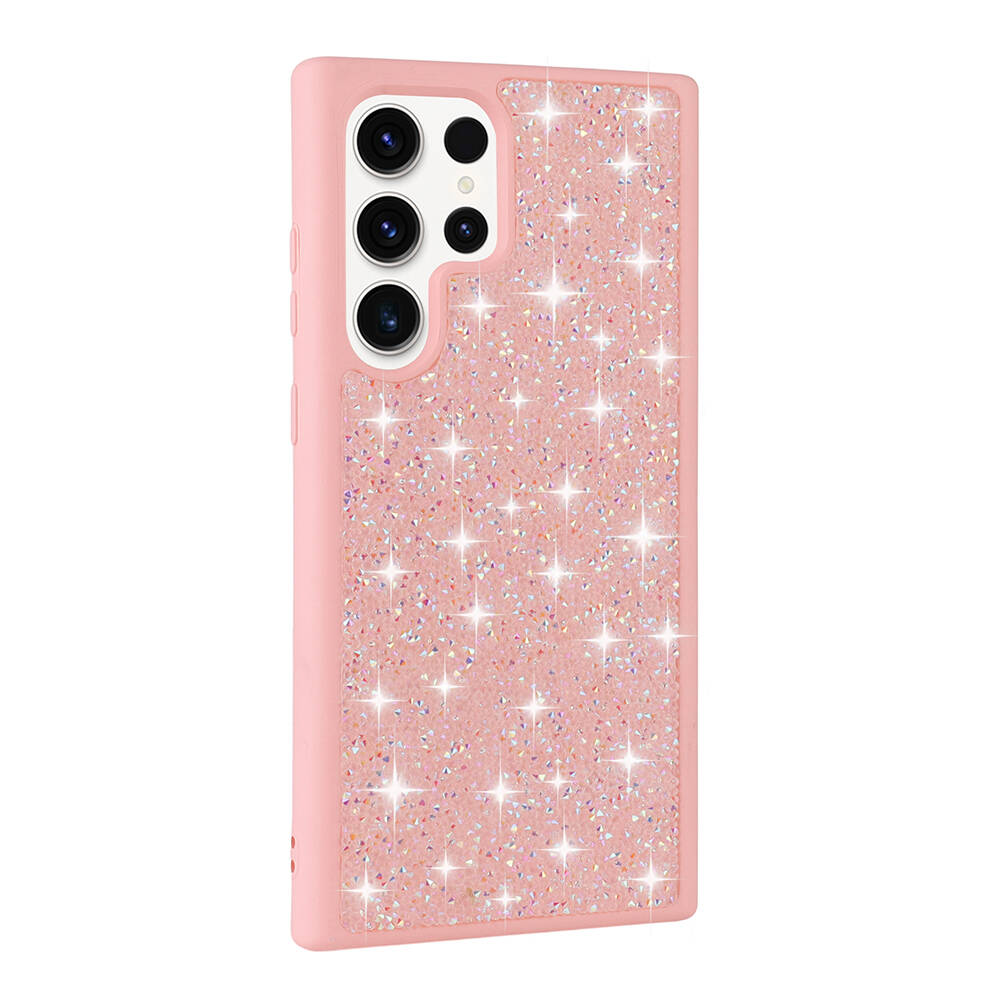 Galaxy S23 Ultra Kılıf Parlak Taşlı Tasarım NXXA Pırlanta Kapak-Pembe