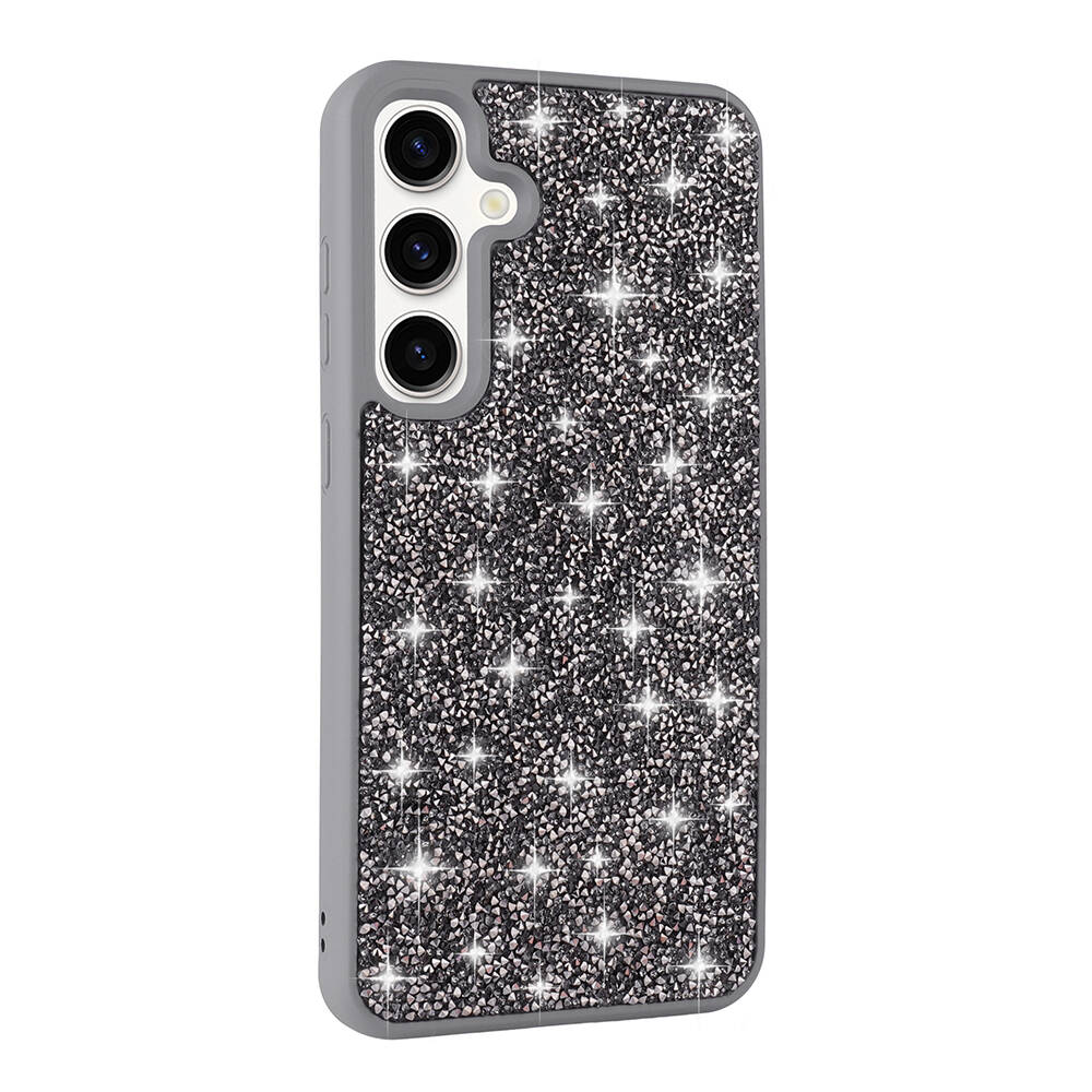 Galaxy S24 Kılıf Parlak Taşlı Tasarım NXXA Pırlanta Kapak-Gri