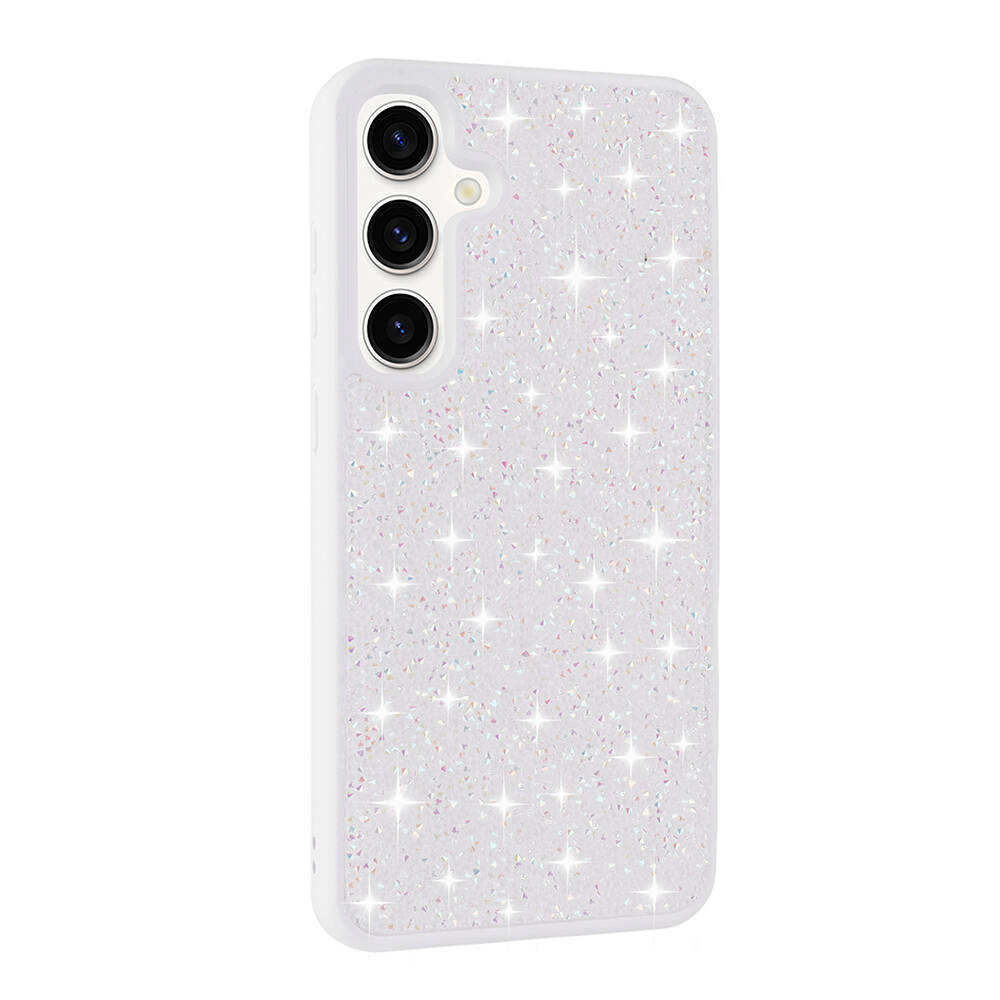 Galaxy S24 Kılıf Parlak Taşlı Tasarım NXXA Pırlanta Kapak-Beyaz