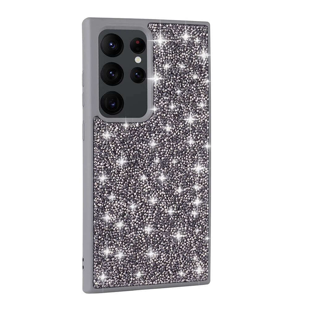 Galaxy S24 Ultra Kılıf Parlak Taşlı Tasarım NXXA Pırlanta Kapak-Gri