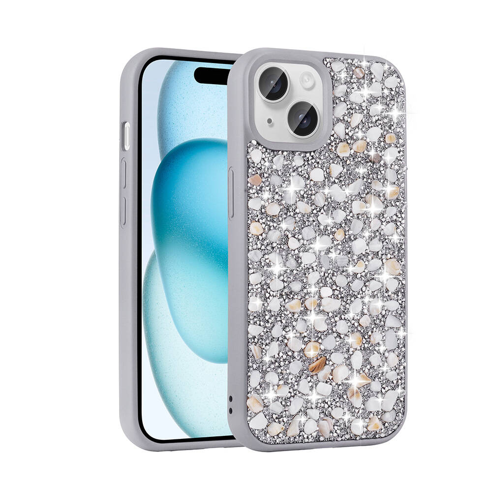 Apple iPhone 15 Plus Kılıf Parlak Taşlı Tasarım NXXA Linea Kapak-Gümüş