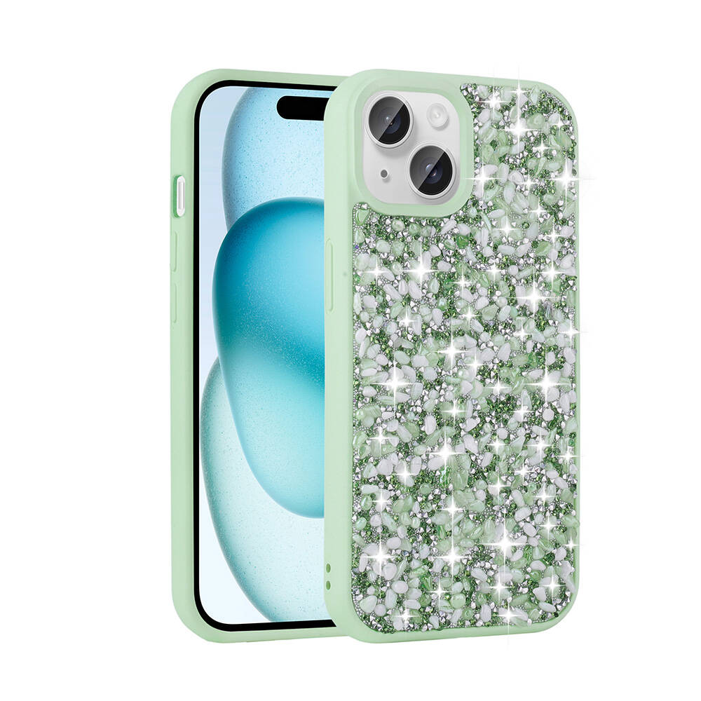 Apple iPhone 15 Plus Kılıf Parlak Taşlı Tasarım NXXA Linea Kapak-Açık Yeşil