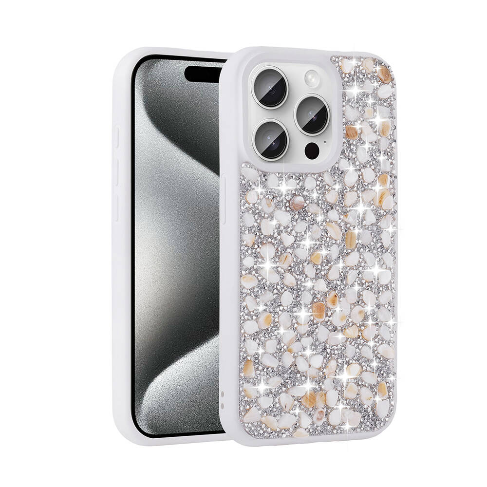 Apple iPhone 15 Pro Max Kılıf Parlak Taşlı Tasarım NXXA Linea Kapak-Beyaz