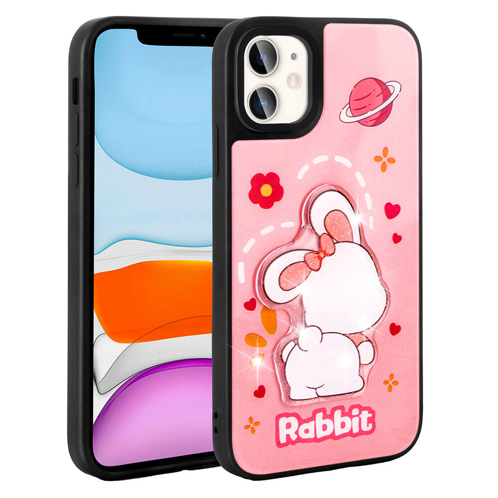 Apple iPhone 11 Kılıf Parlayan Kabartmalı İkonik Figürlü NXXA Amas Silikon Kapak-Pembe