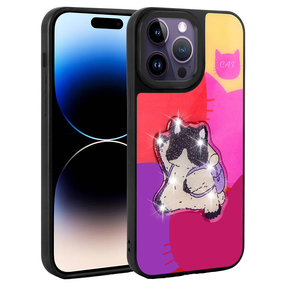 Apple iPhone 14 Pro Max Kılıf Parlayan Kabartmalı İkonik Figürlü NXXA Amas Silikon Kapak-Mor