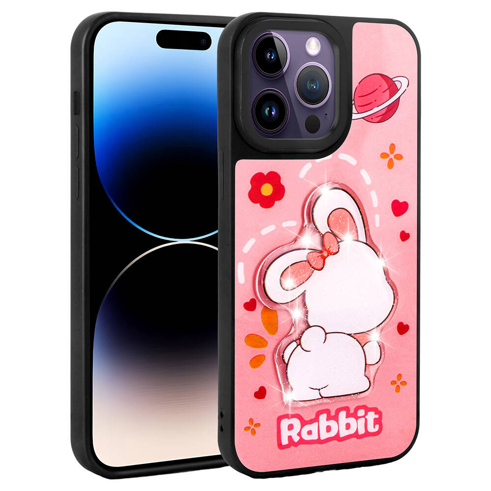 Apple iPhone 14 Pro Max Kılıf Parlayan Kabartmalı İkonik Figürlü NXXA Amas Silikon Kapak-Pembe