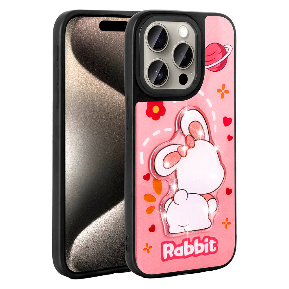 Apple iPhone 15 Pro Kılıf Parlayan Kabartmalı İkonik Figürlü NXXA Amas Silikon Kapak-Pembe