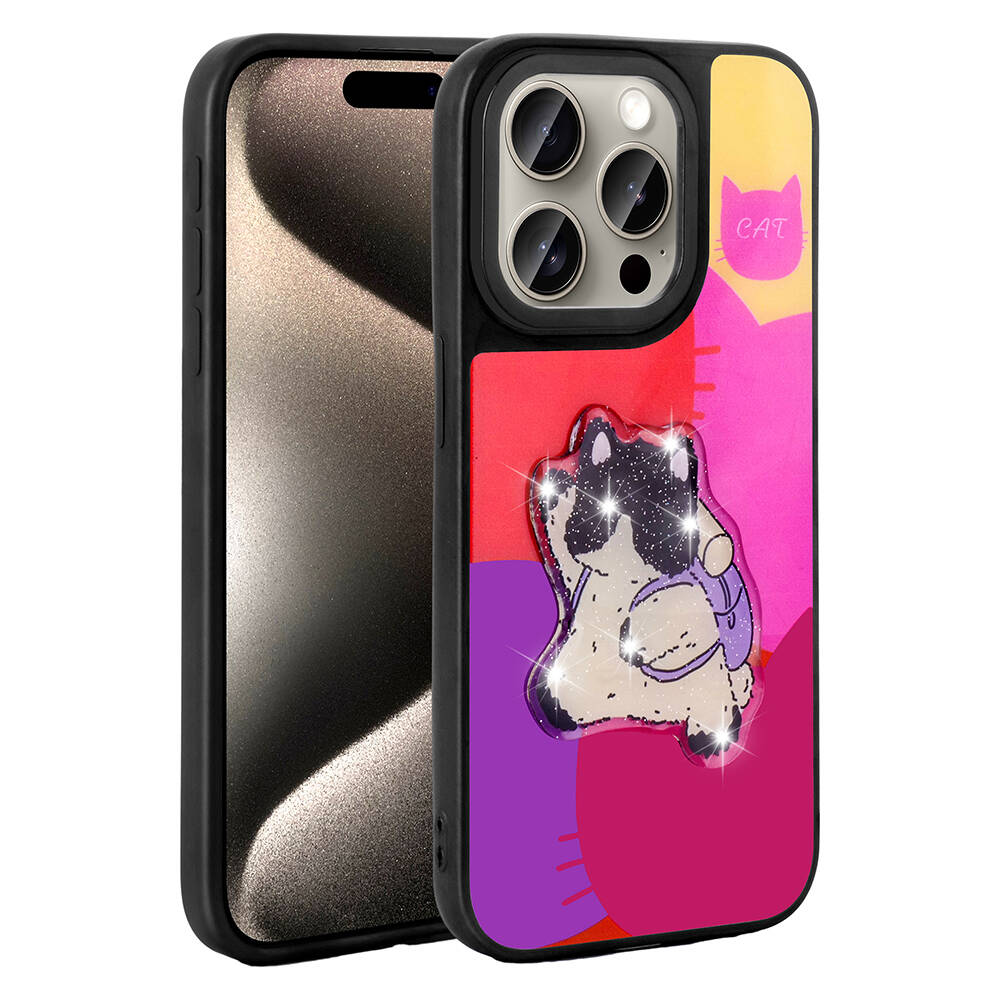 Apple iPhone 15 Pro Kılıf Parlayan Kabartmalı İkonik Figürlü NXXA Amas Silikon Kapak-Mor
