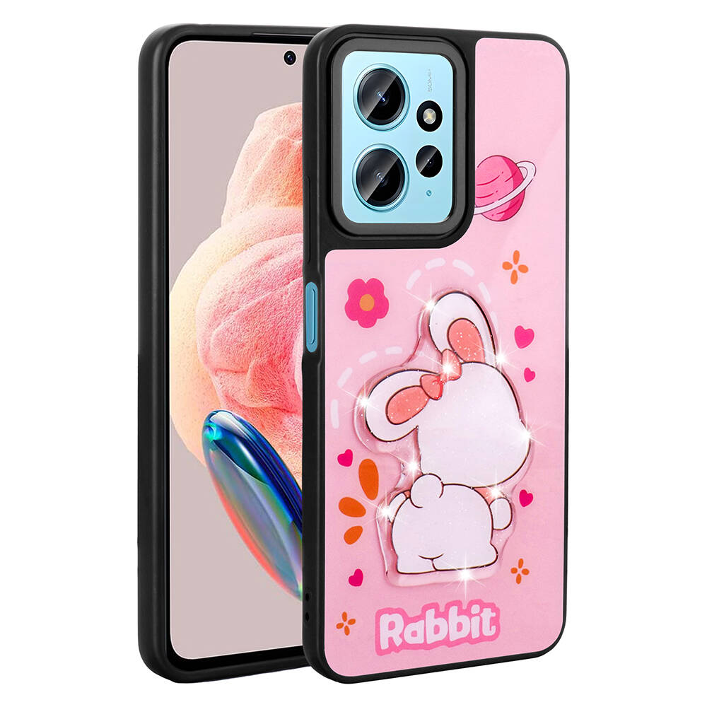 Xiaomi Redmi Note 12 4G Kılıf Parlayan Kabartmalı İkonik Figürlü NXXA Amas Silikon Kapak-Pembe