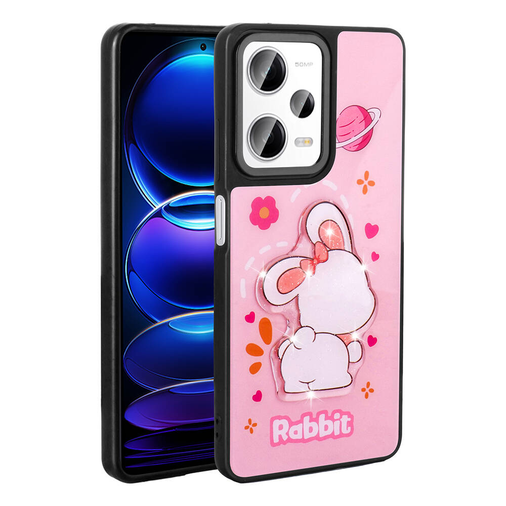 Xiaomi Redmi Note 12 Pro 5G Kılıf Parlayan Kabartmalı İkonik Figürlü NXXA Amas Silikon Kapak-Pembe