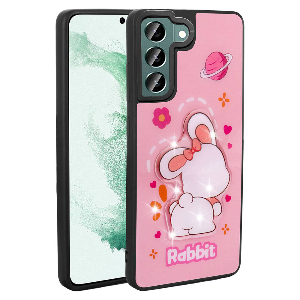 Galaxy S22 Kılıf Parlayan Kabartmalı İkonik Figürlü NXXA Amas Silikon Kapak-Pembe