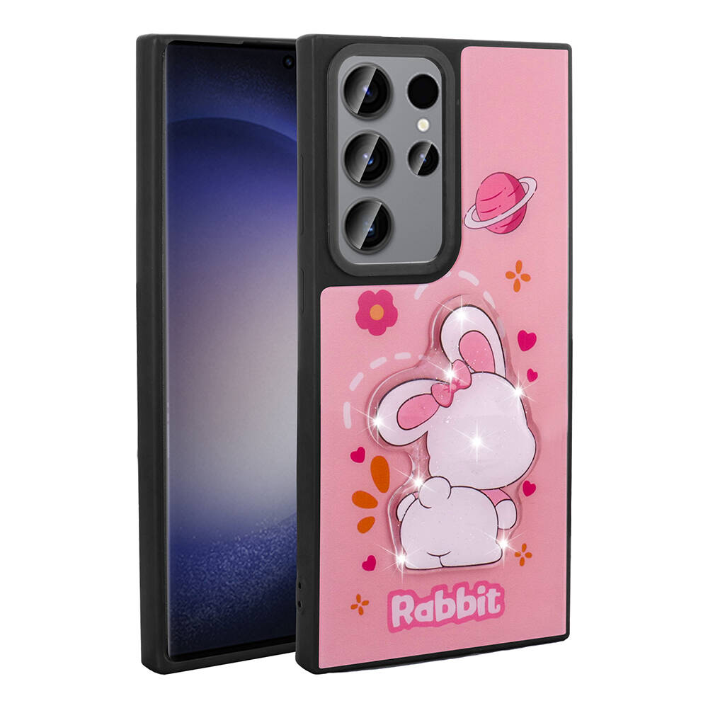 Galaxy S23 Ultra Kılıf Parlayan Kabartmalı İkonik Figürlü NXXA Amas Silikon Kapak-Pembe