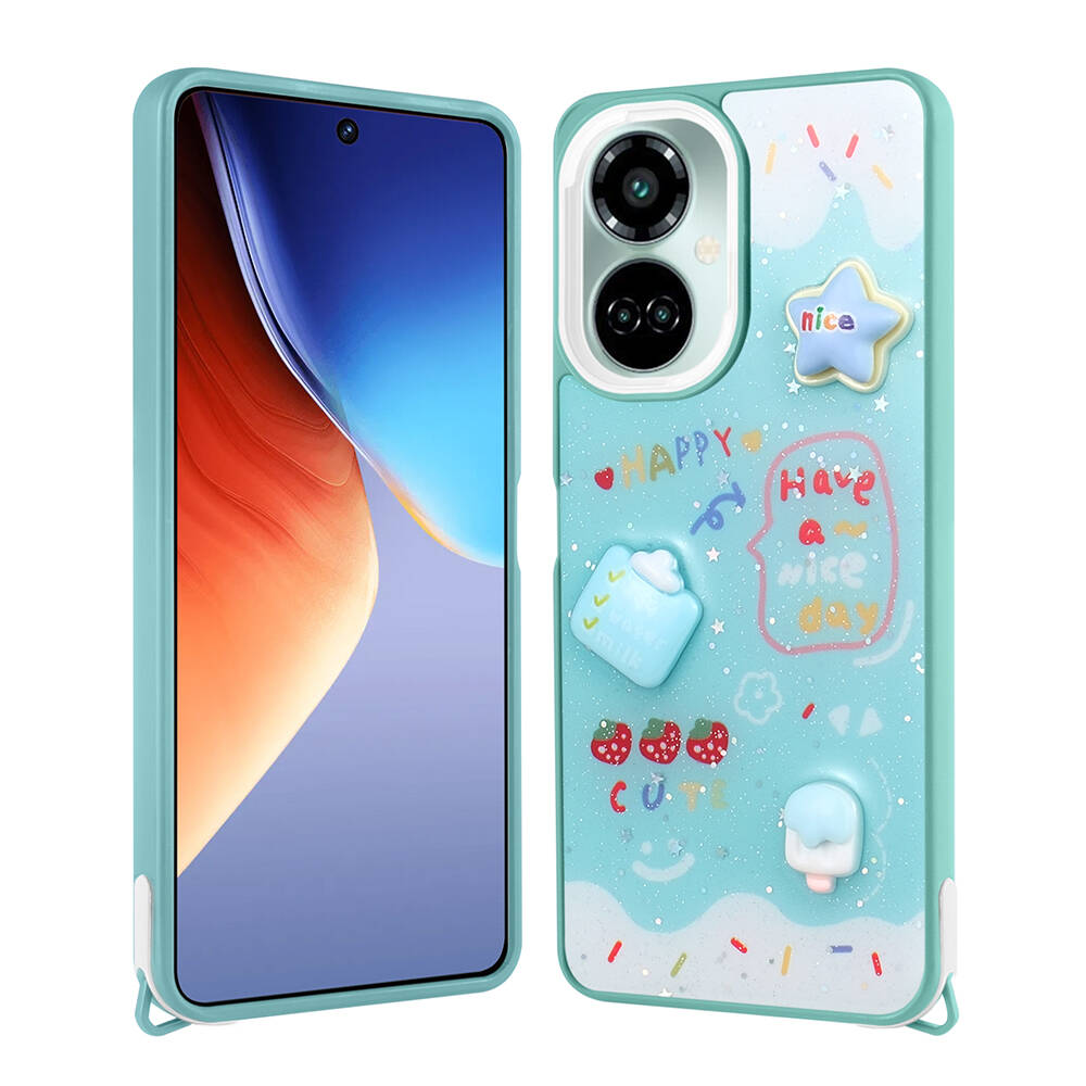 Tecno Camon 19 Pro Kılıf Parlayan Sıvılı Simli Kabartma Figürlü NXXA Cevze Kapak-Yeşil