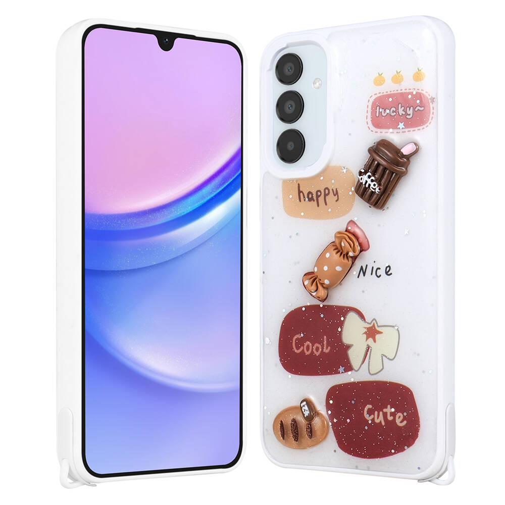 Galaxy A35 Kılıf Parlayan Sıvılı Simli Kabartma Figürlü NXXA Cevze Kapak-Beyaz