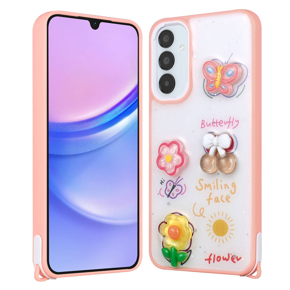 Galaxy A15 Kılıf Parlayan Sıvılı Simli Kabartma Figürlü NXXA Cevze Kapak-Pembe
