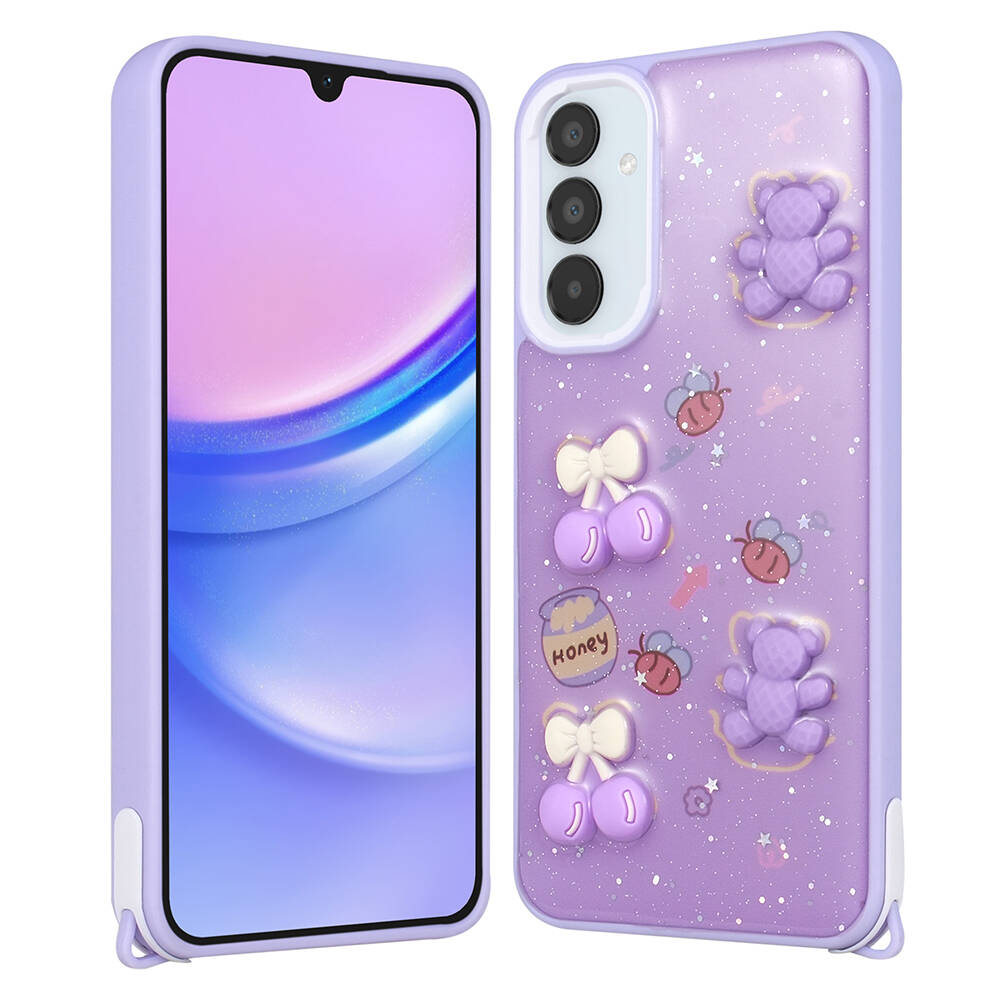 Galaxy A34 Kılıf Parlayan Sıvılı Simli Kabartma Figürlü NXXA Cevze Kapak-Mor Ayı