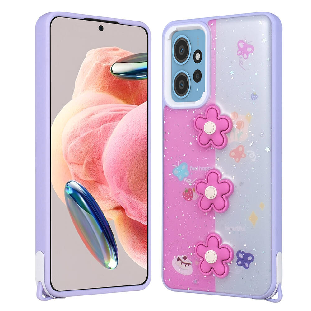 Xiaomi Redmi Note 12 4G Kılıf Parlayan Sıvılı Simli Kabartma Figürlü NXXA Cevze Kapak-Mor Papatya