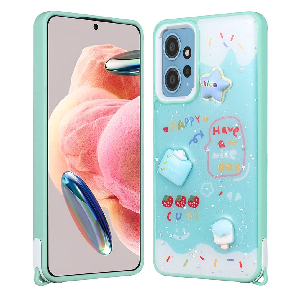 Xiaomi Redmi Note 12 4G Kılıf Parlayan Sıvılı Simli Kabartma Figürlü NXXA Cevze Kapak-Yeşil