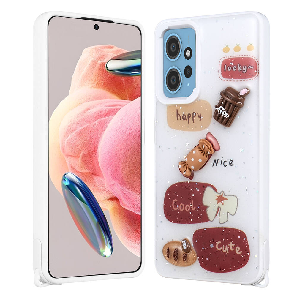 Xiaomi Redmi Note 12 4G Kılıf Parlayan Sıvılı Simli Kabartma Figürlü NXXA Cevze Kapak-Beyaz