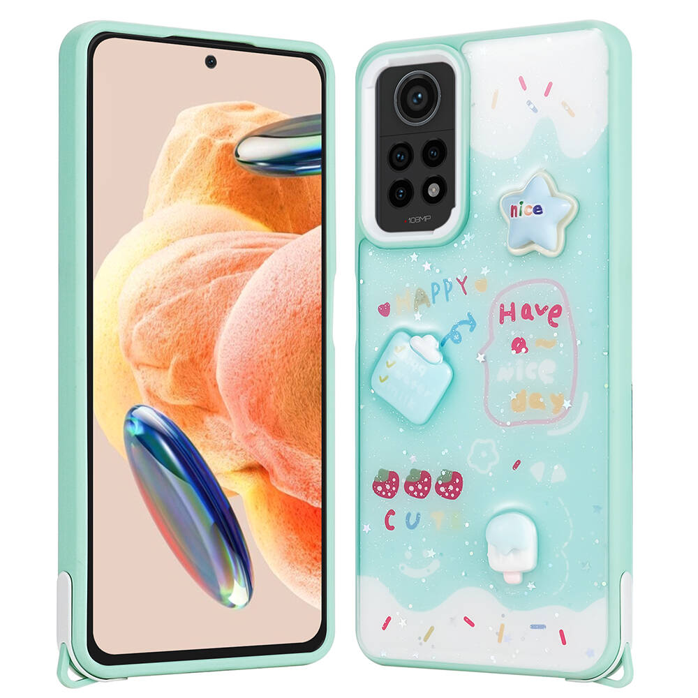 Xiaomi Redmi Note 12 Pro 4G Kılıf Parlayan Sıvılı Simli Kabartma Figürlü NXXA Cevze Kapak-Yeşil