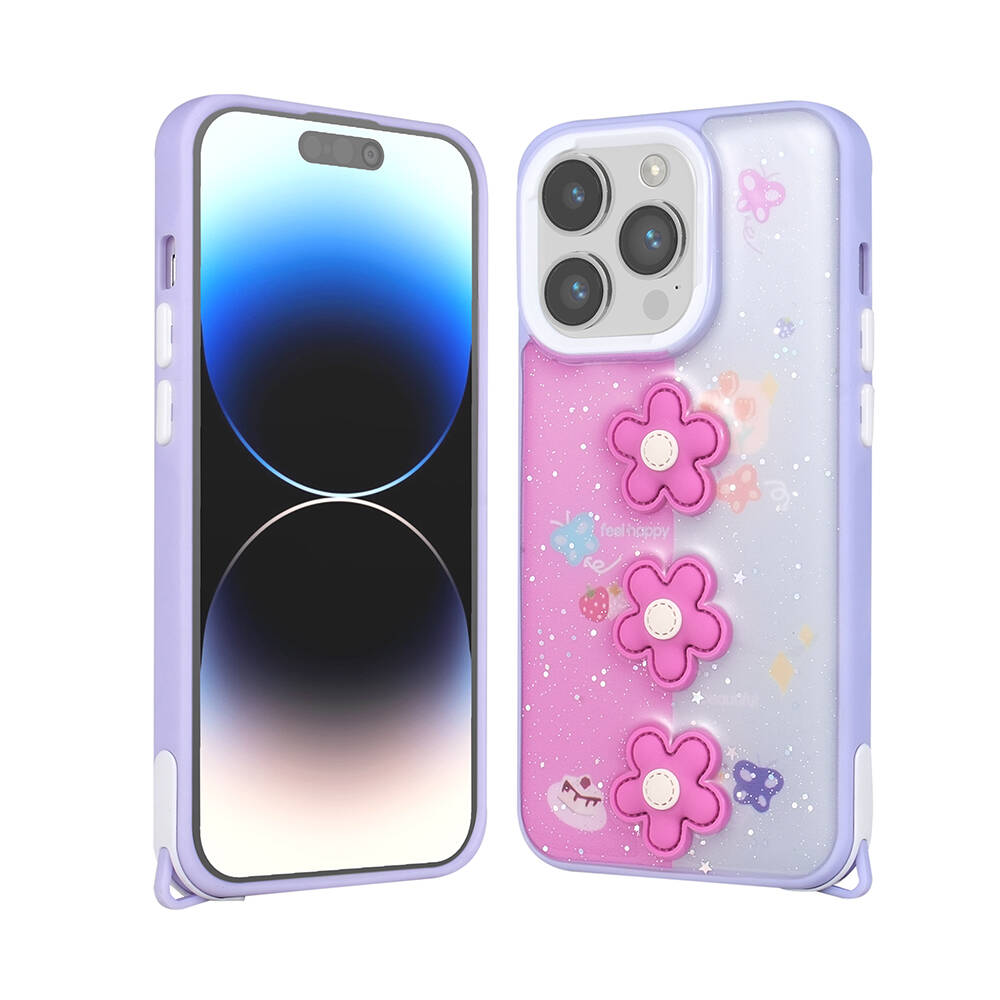 Apple iPhone 14 Pro Kılıf Parlayan Sıvılı Simli Kabartma Figürlü NXXA Cevze Kapak-Mor Papatya