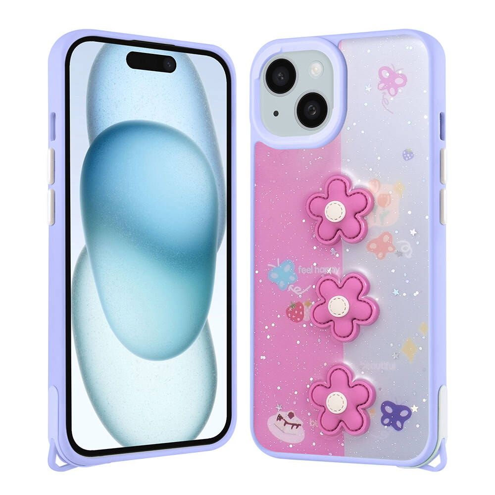 Apple iPhone 15 Plus Kılıf Parlayan Sıvılı Simli Kabartma Figürlü NXXA Cevze Kapak-Mor Papatya