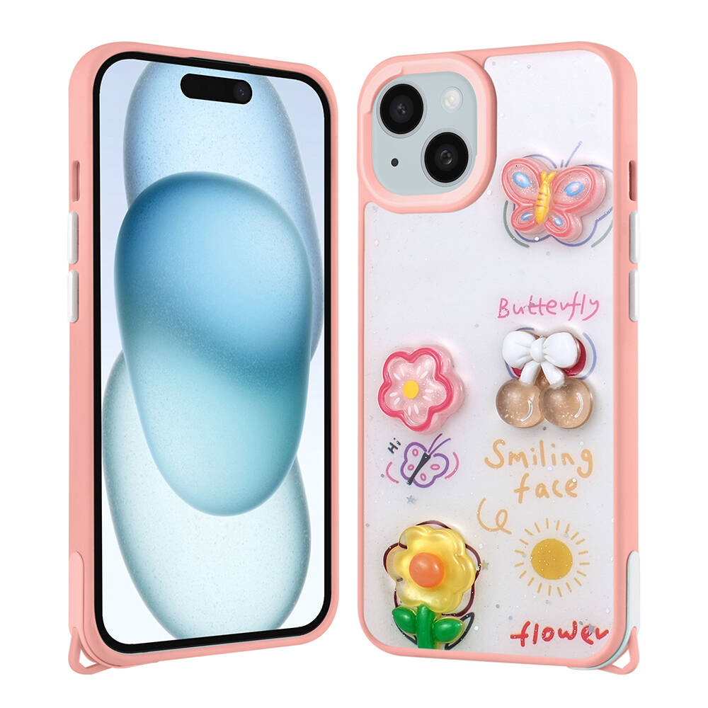 Apple iPhone 15 Plus Kılıf Parlayan Sıvılı Simli Kabartma Figürlü NXXA Cevze Kapak-Pembe