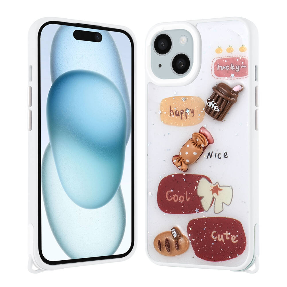 Apple iPhone 15 Plus Kılıf Parlayan Sıvılı Simli Kabartma Figürlü NXXA Cevze Kapak-Beyaz