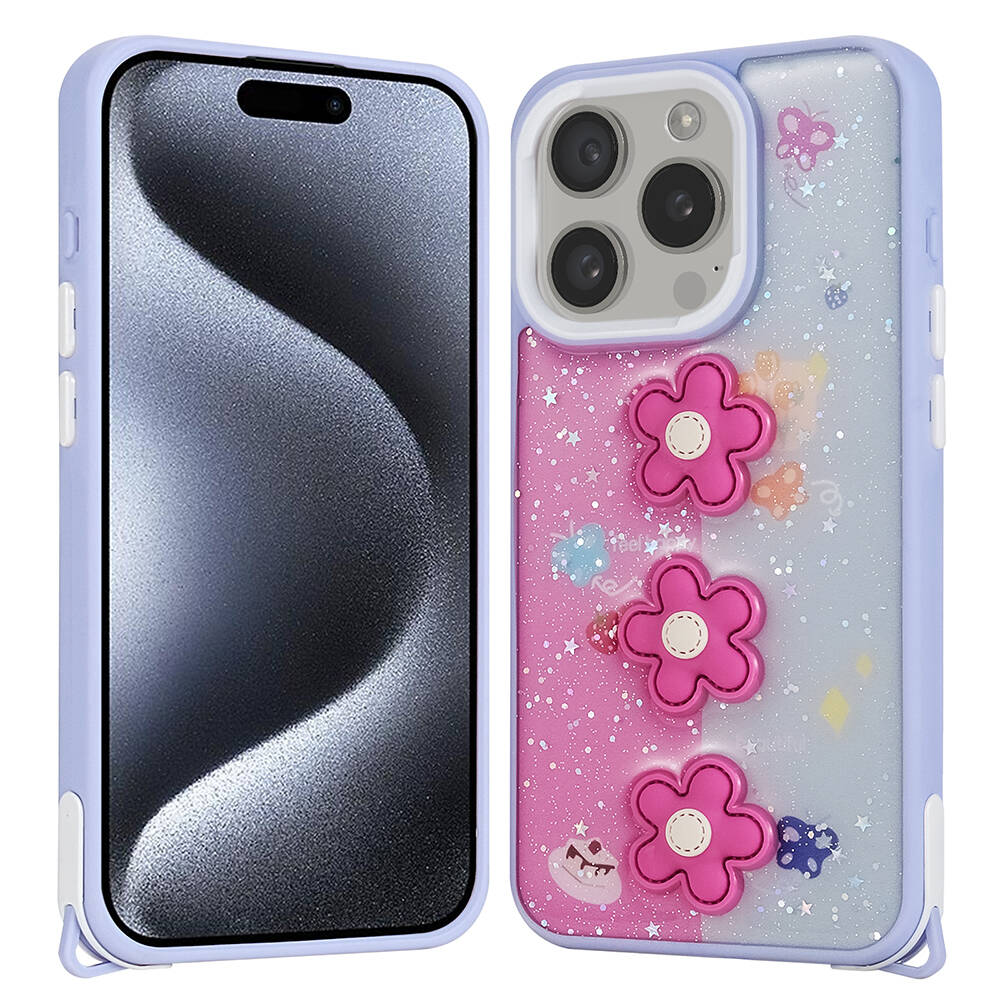 Apple iPhone 15 Pro Kılıf Parlayan Sıvılı Simli Kabartma Figürlü NXXA Cevze Kapak-Mor Papatya