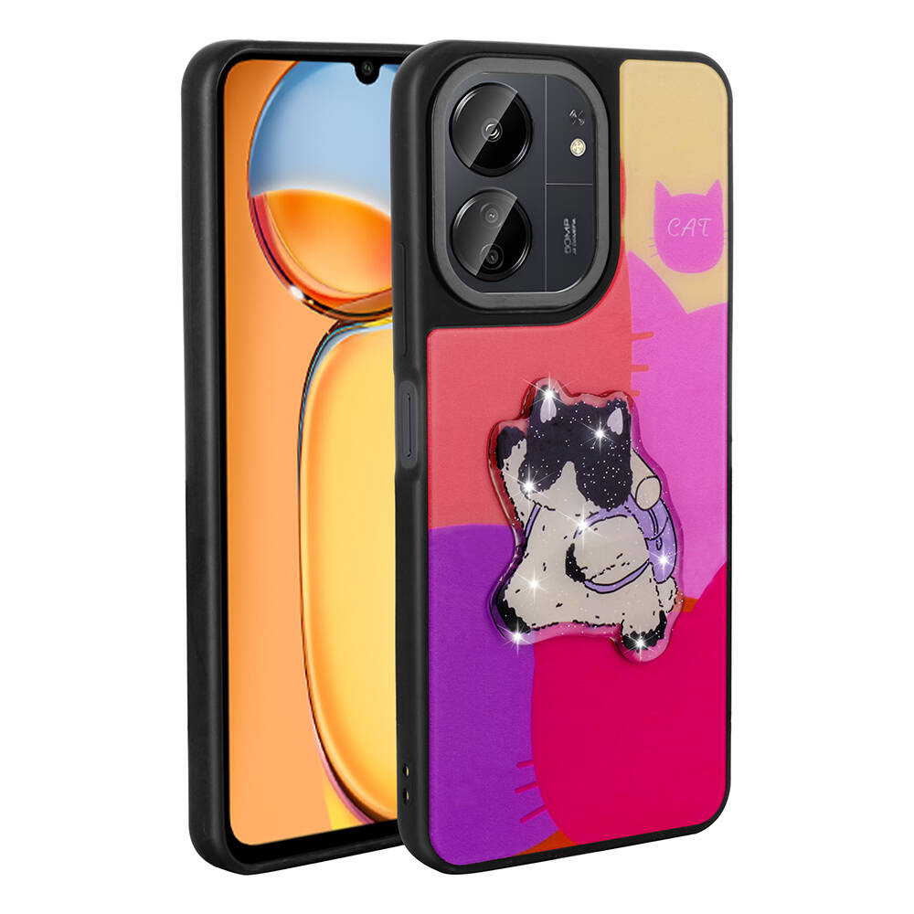 Xiaomi Poco C65 Kılıf Parlayan Kabartmalı İkonik Figürlü NXXA Amas Silikon Kapak-Mor