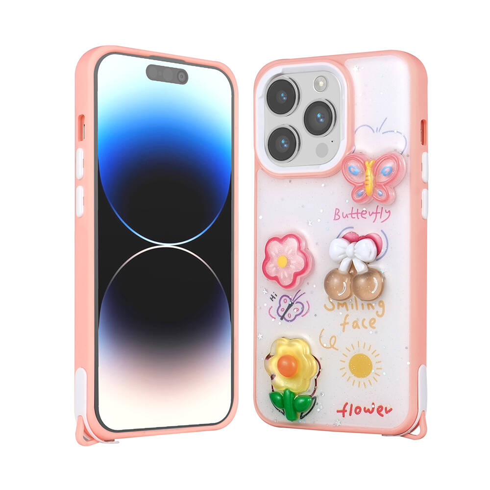 Apple iPhone 14 Pro Kılıf Parlayan Sıvılı Simli Kabartma Figürlü NXXA Cevze Kapak-Pembe