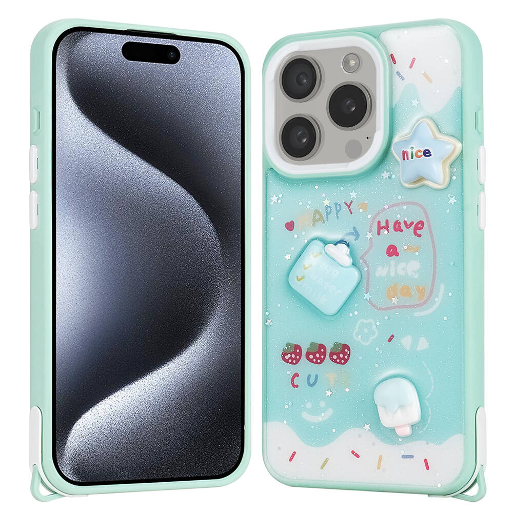 Apple iPhone 15 Pro Kılıf Parlayan Sıvılı Simli Kabartma Figürlü NXXA Cevze Kapak-Yeşil