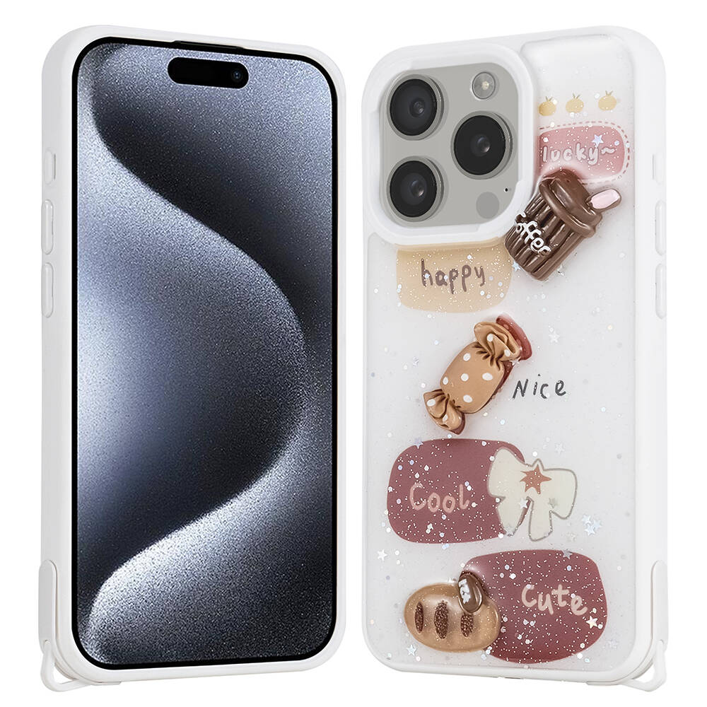 Apple iPhone 15 Pro Kılıf Parlayan Sıvılı Simli Kabartma Figürlü NXXA Cevze Kapak-Beyaz