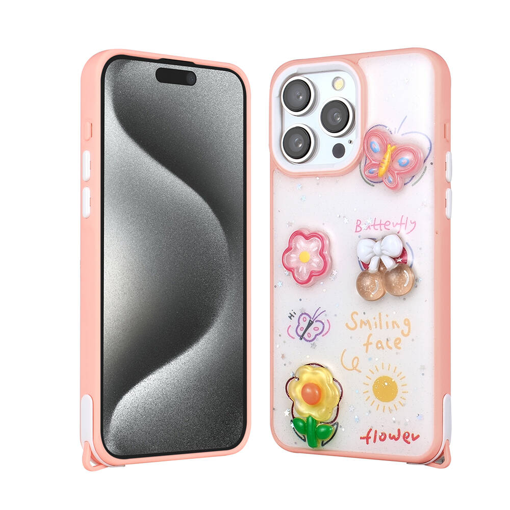 Apple iPhone 15 Pro Max Kılıf Parlayan Sıvılı Simli Kabartma Figürlü NXXA Cevze Kapak-Pembe