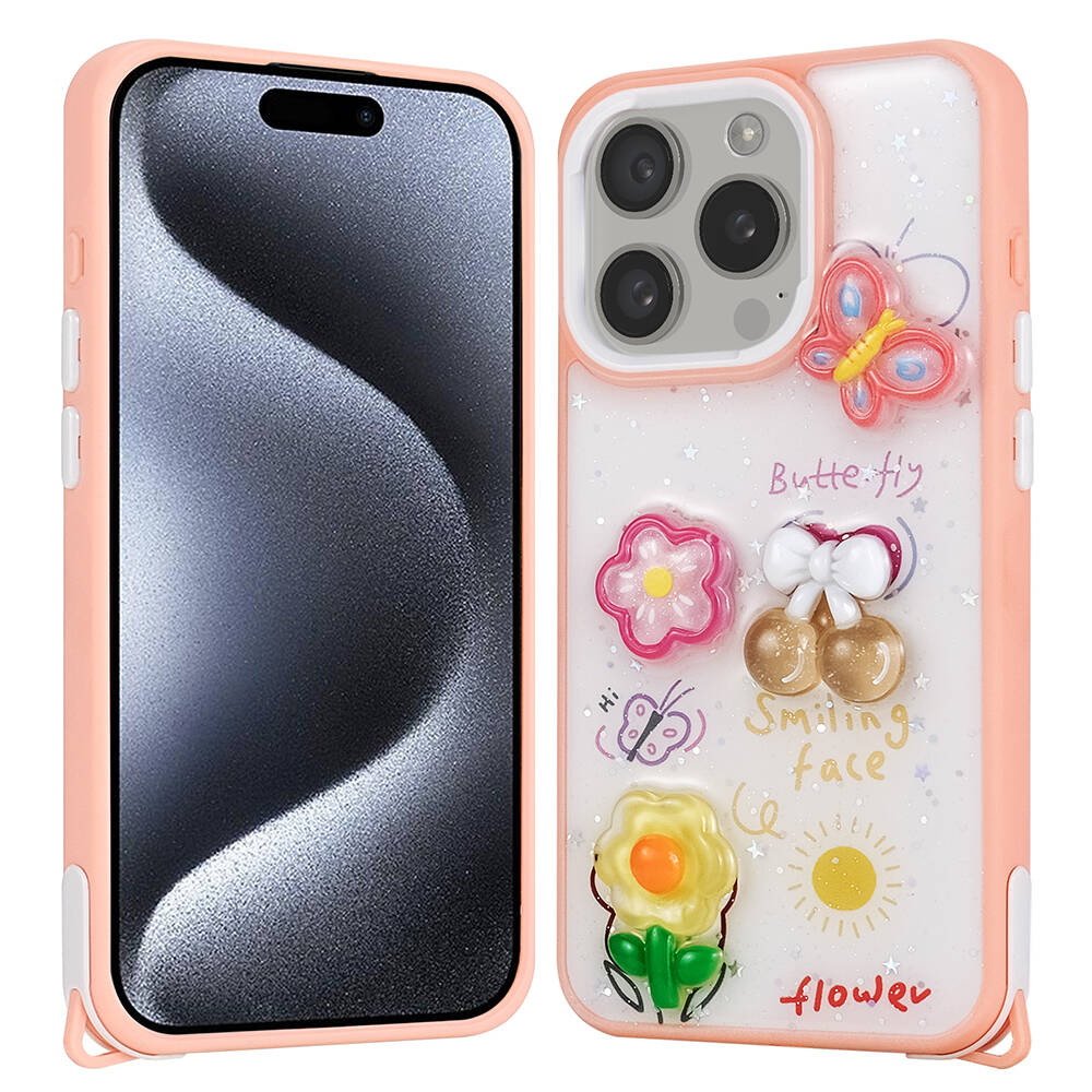 Apple iPhone 15 Pro Kılıf Parlayan Sıvılı Simli Kabartma Figürlü NXXA Cevze Kapak-Pembe