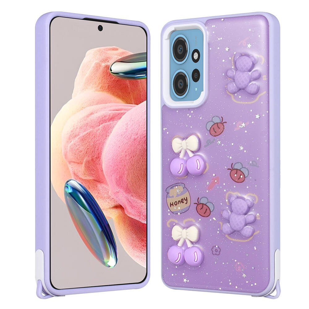 Xiaomi Redmi Note 12 4G Kılıf Parlayan Sıvılı Simli Kabartma Figürlü NXXA Cevze Kapak-Mor Ayı