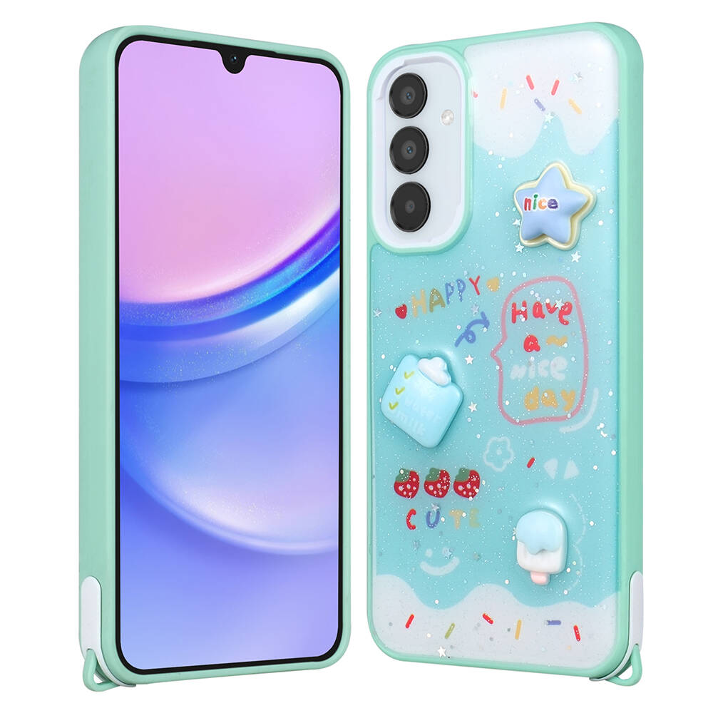 Galaxy A24 Kılıf Parlayan Sıvılı Simli Kabartma Figürlü NXXA Cevze Kapak-Yeşil