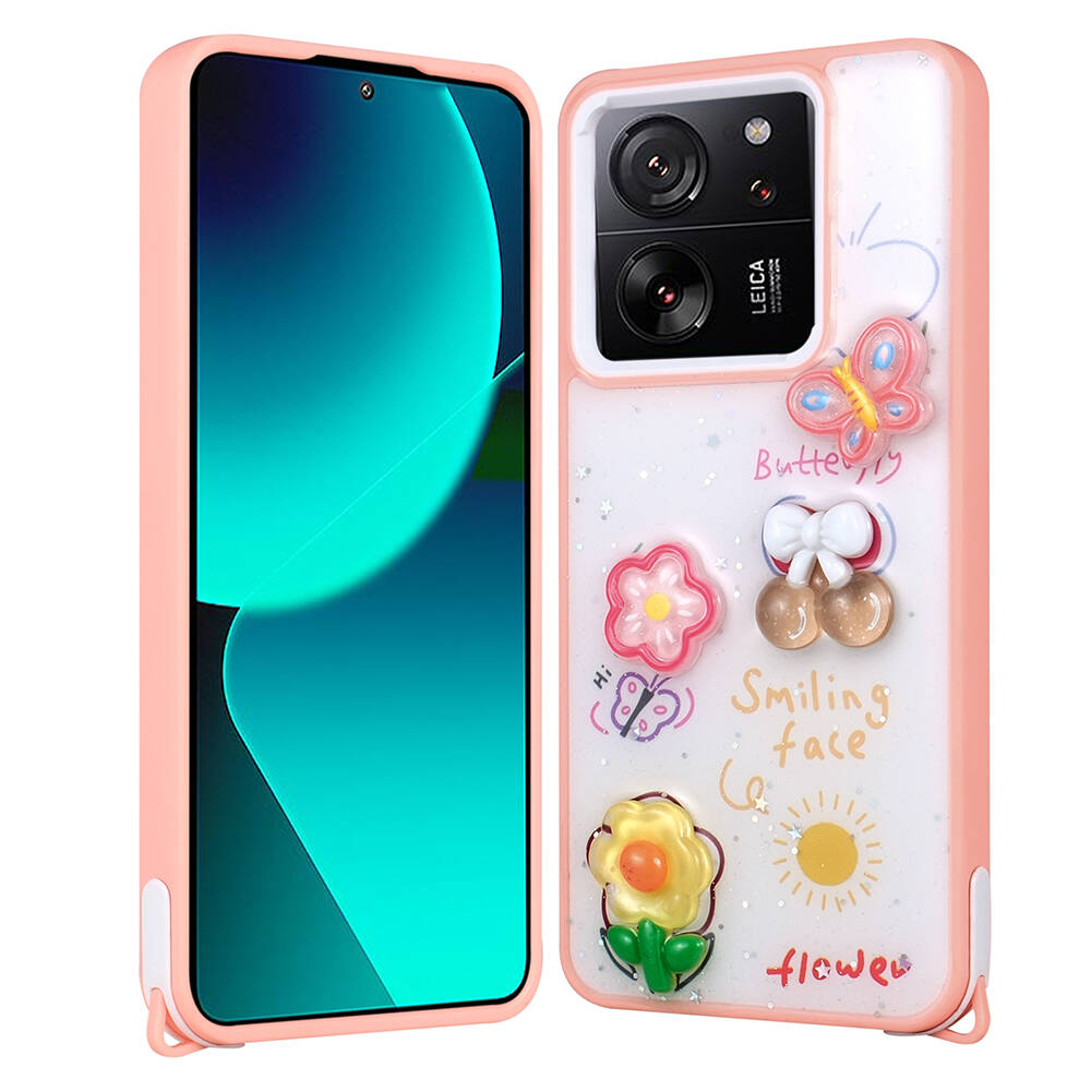 Xiaomi Mi 13T Kılıf Parlayan Sıvılı Simli Kabartma Figürlü NXXA Cevze Kapak-Pembe
