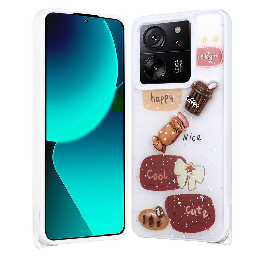 Xiaomi Mi 13T Kılıf Parlayan Sıvılı Simli Kabartma Figürlü NXXA Cevze Kapak-Beyaz