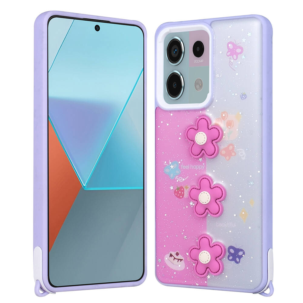 Xiaomi Redmi Note 13 Pro 5G Kılıf Parlayan Sıvılı Simli Kabartma Figürlü NXXA Cevze Kapak-Mor Papatya