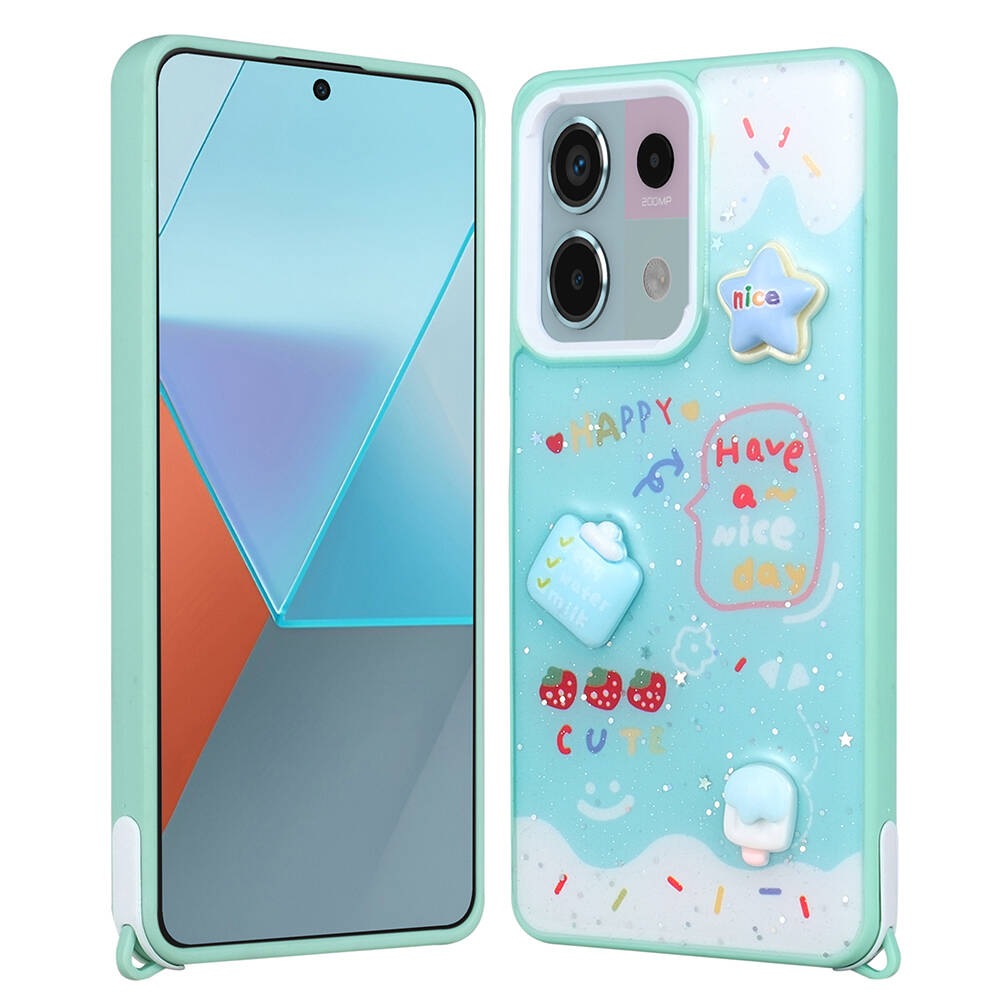 Xiaomi Redmi Note 13 Pro 5G Kılıf Parlayan Sıvılı Simli Kabartma Figürlü NXXA Cevze Kapak-Yeşil