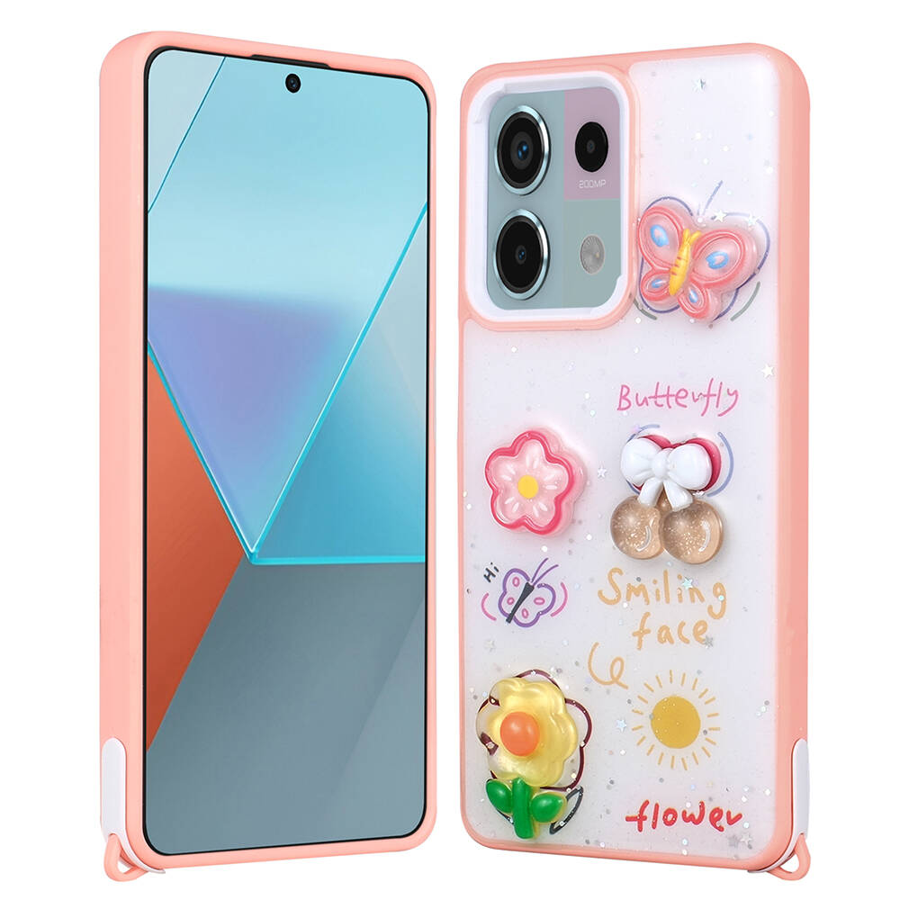 Xiaomi Redmi Note 13 Pro 5G Kılıf Parlayan Sıvılı Simli Kabartma Figürlü NXXA Cevze Kapak-Pembe
