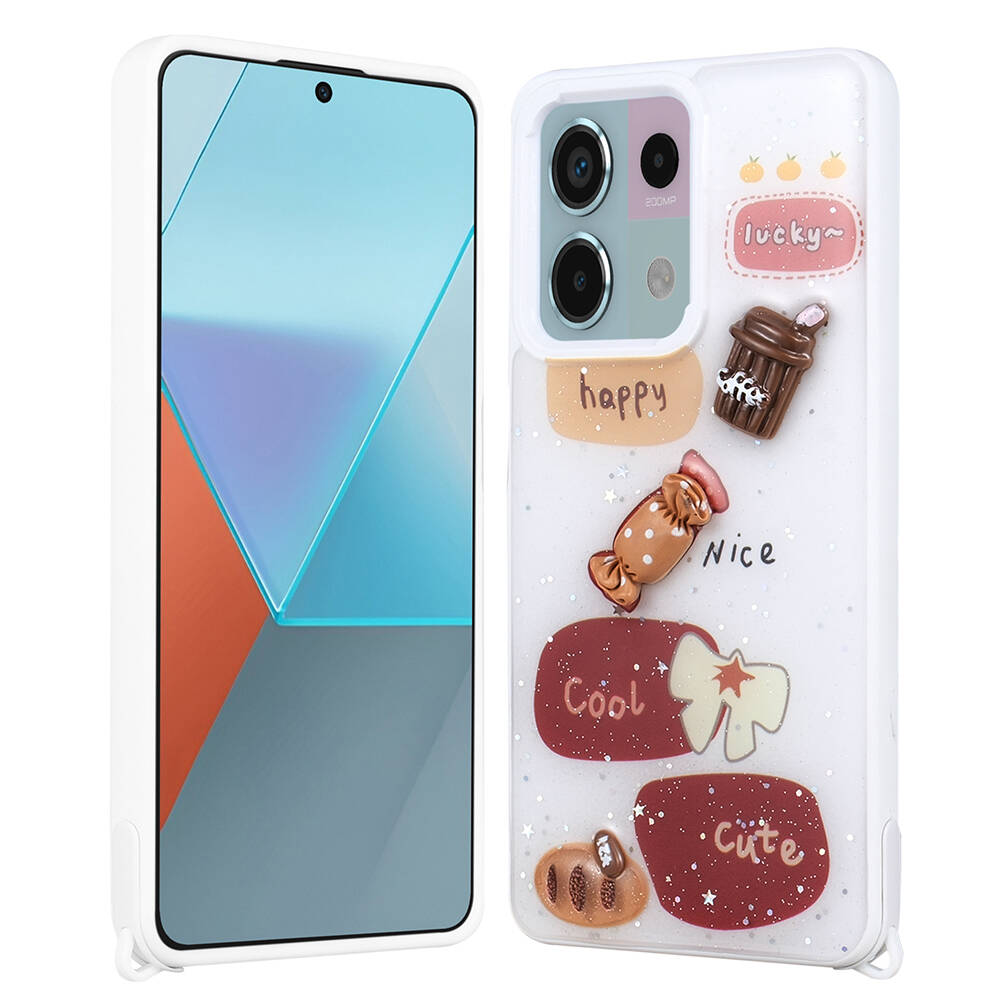 Xiaomi Redmi Note 13 Pro 5G Kılıf Parlayan Sıvılı Simli Kabartma Figürlü NXXA Cevze Kapak-Beyaz
